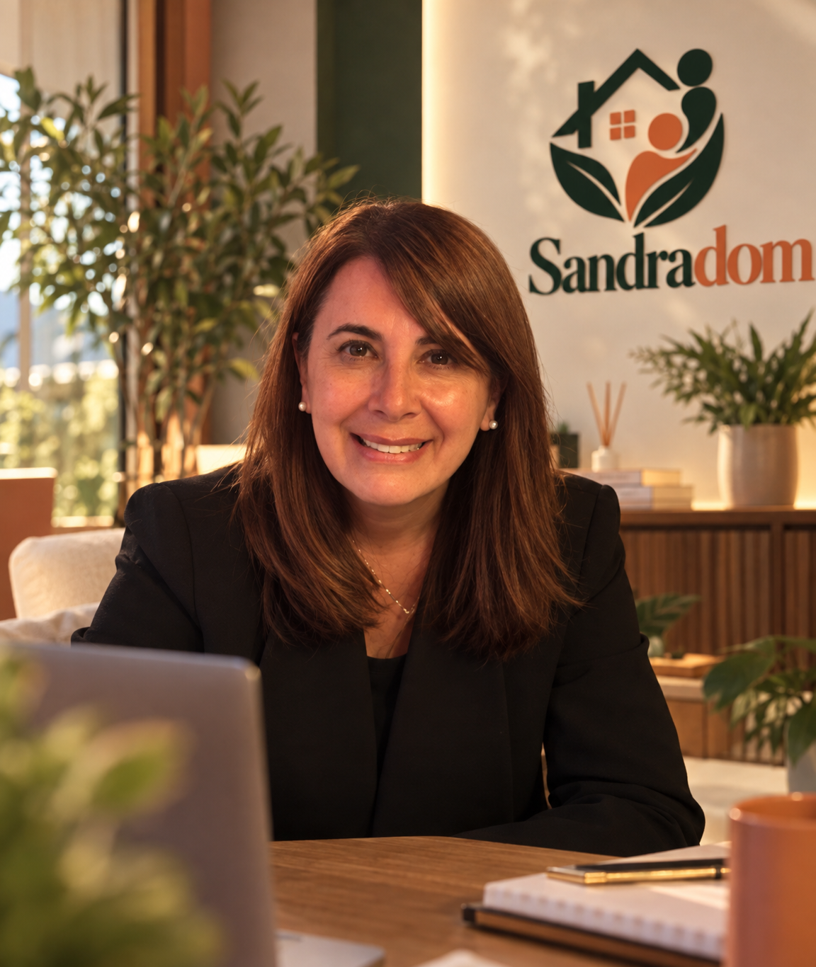 Sandra, fondatrice de Sandradom, à son bureau